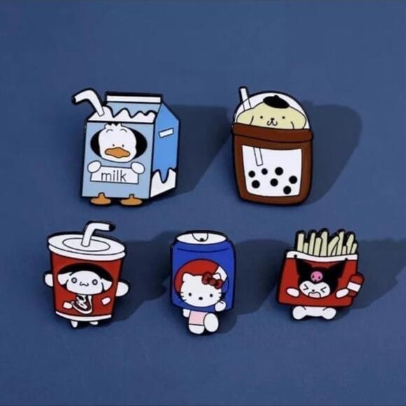 Other - Sanrio Enamel Pin Set of 5, Kawaii Junk Food Series, Hello Kitty Kuromi Pekkle